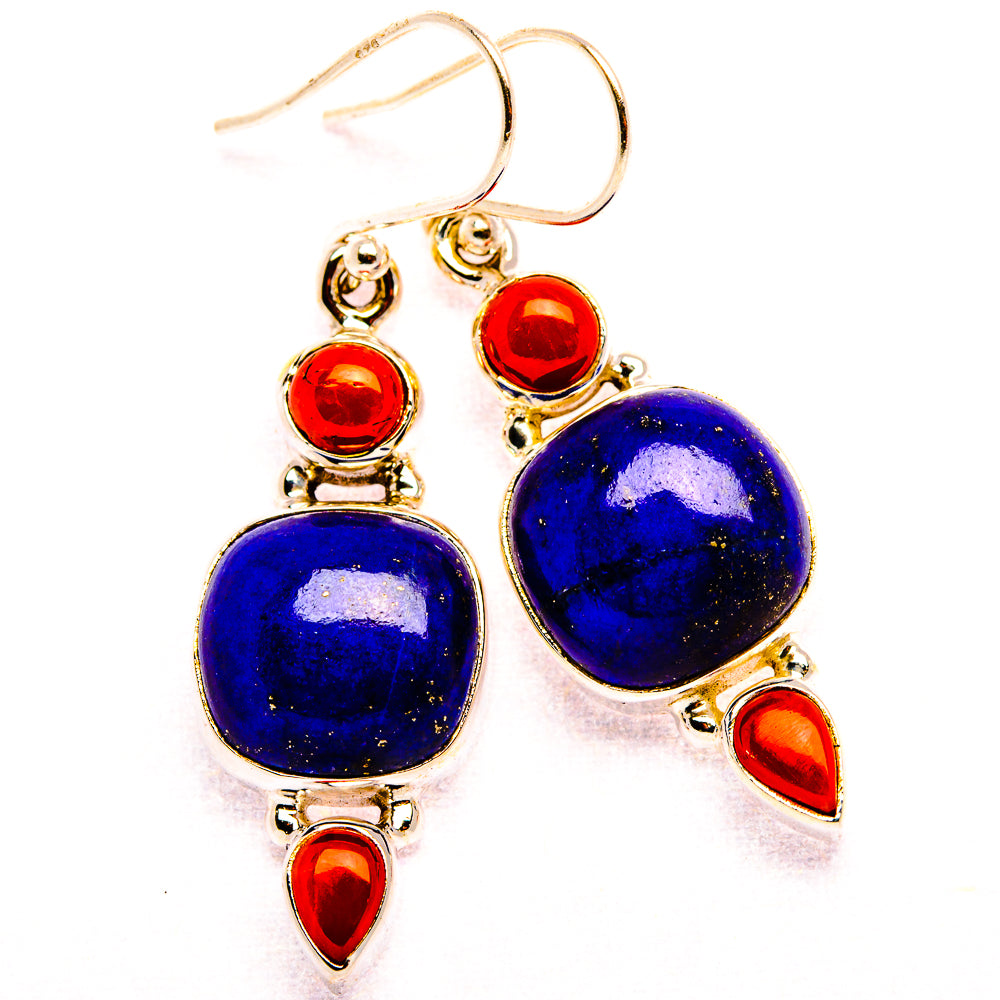 Lapis Lazuli, Red Coral 925 Sterling Silver Earrings 1 5/8" (925 Sterling Silver) EARR431943