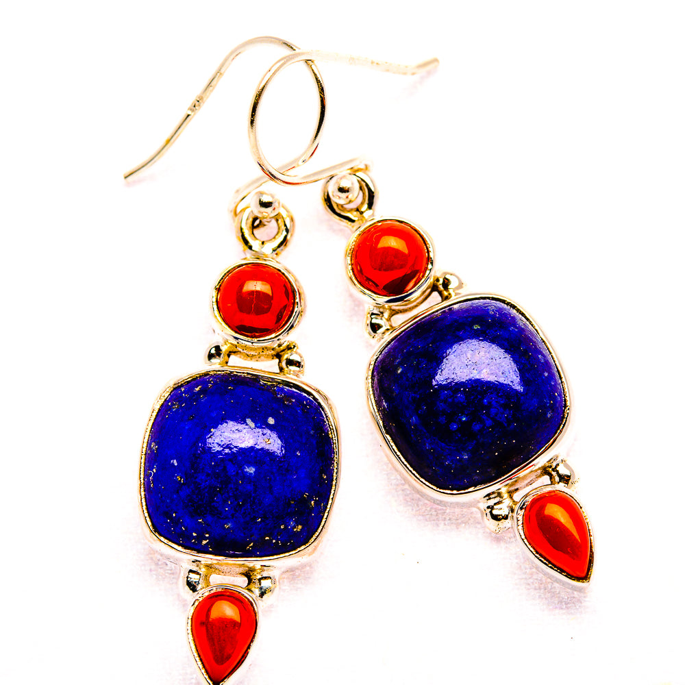 Lapis Lazuli, Red Coral 925 Sterling Silver Earrings 1 5/8" (925 Sterling Silver) EARR431940