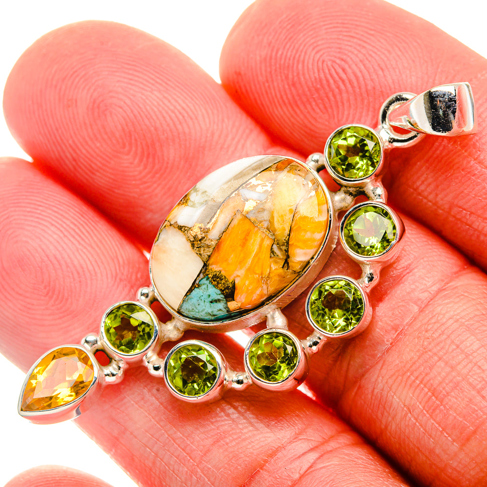Spiny Oyster Turquoise, Peridot, Citrine Pendant 2 1/8" (925 Sterling Silver) PD37415