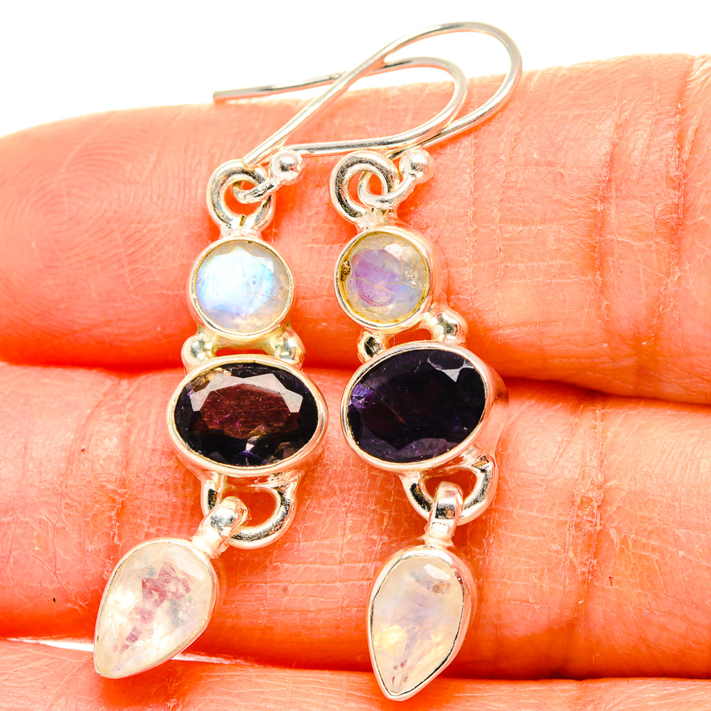 Faceted Tanzanite, Rainbow Moonstone Earrings 1 3/4" (925 Sterling Silver) EARR431622