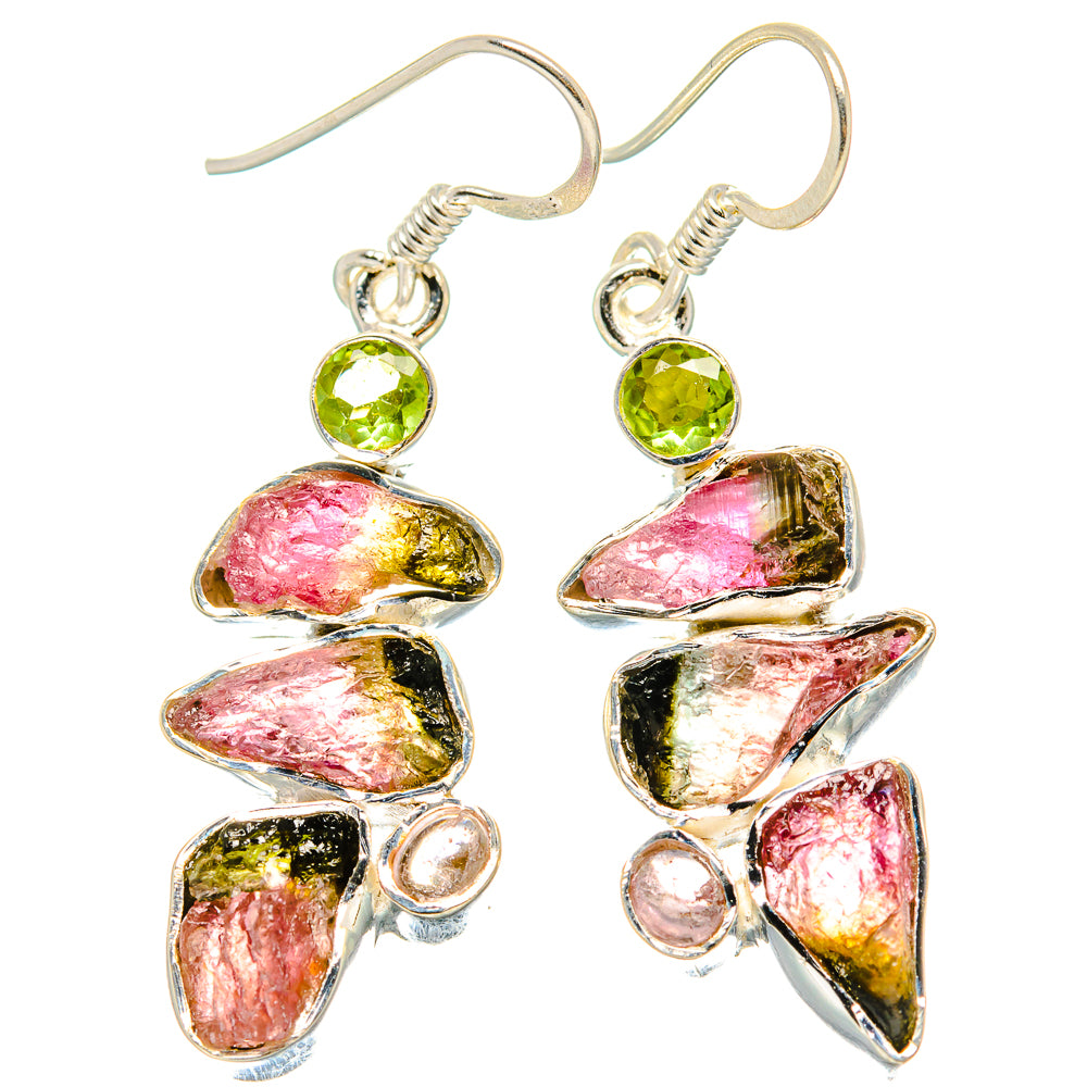 Rough Watermelon Tourmaline, Peridot Earrings 1 3/4" (925 Sterling Silver) EARR431498