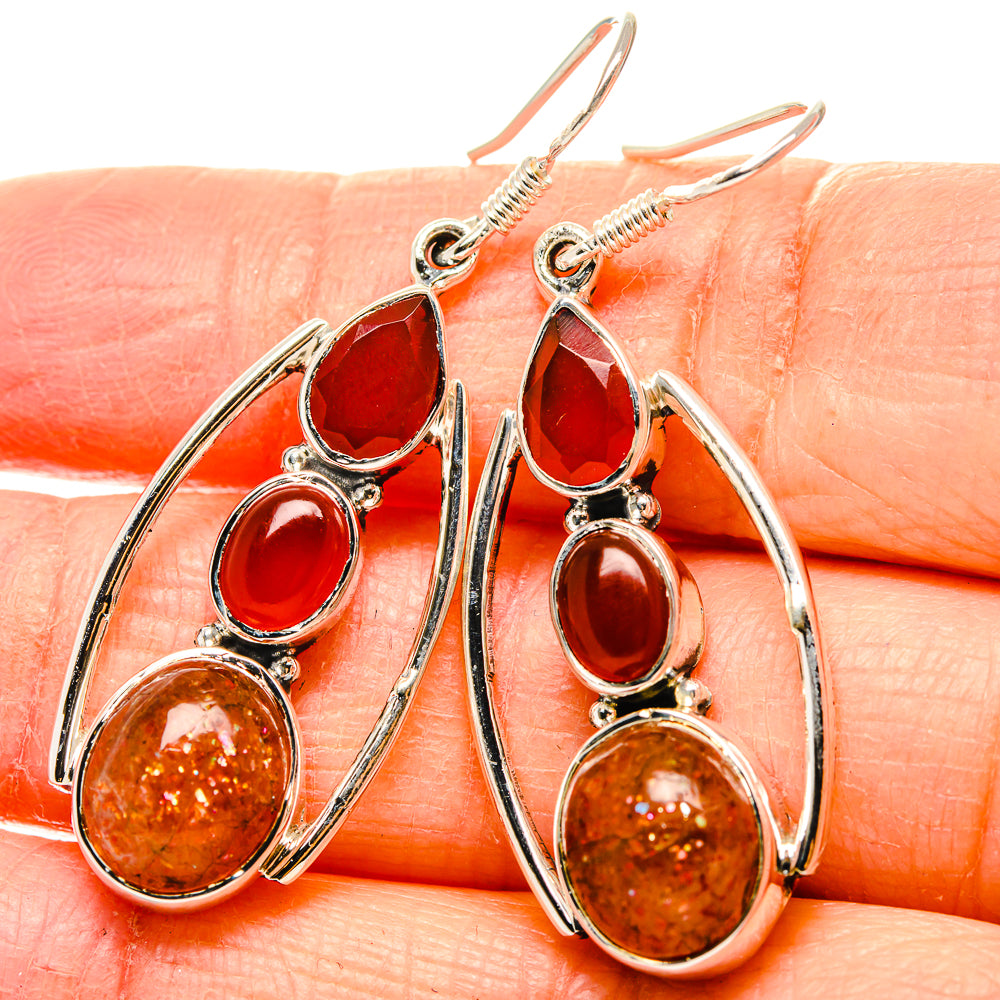 Sunstone, Red Onyx Earrings 1 3/4" (925 Sterling Silver) EARR431511