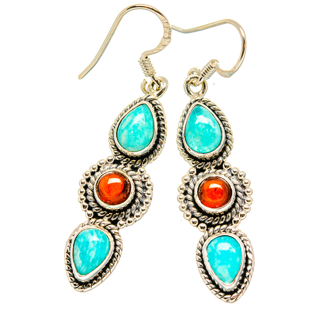 Amazonite, Garnet Earrings 1 3/4" (925 Sterling Silver) EARR431487