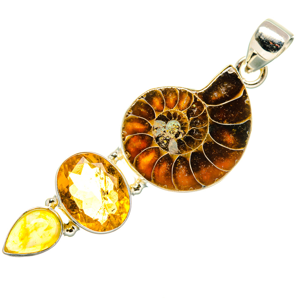 Ammonite Fossil, Citrine Pendant 2 1/4"  (925 Sterling Silver) PD36923