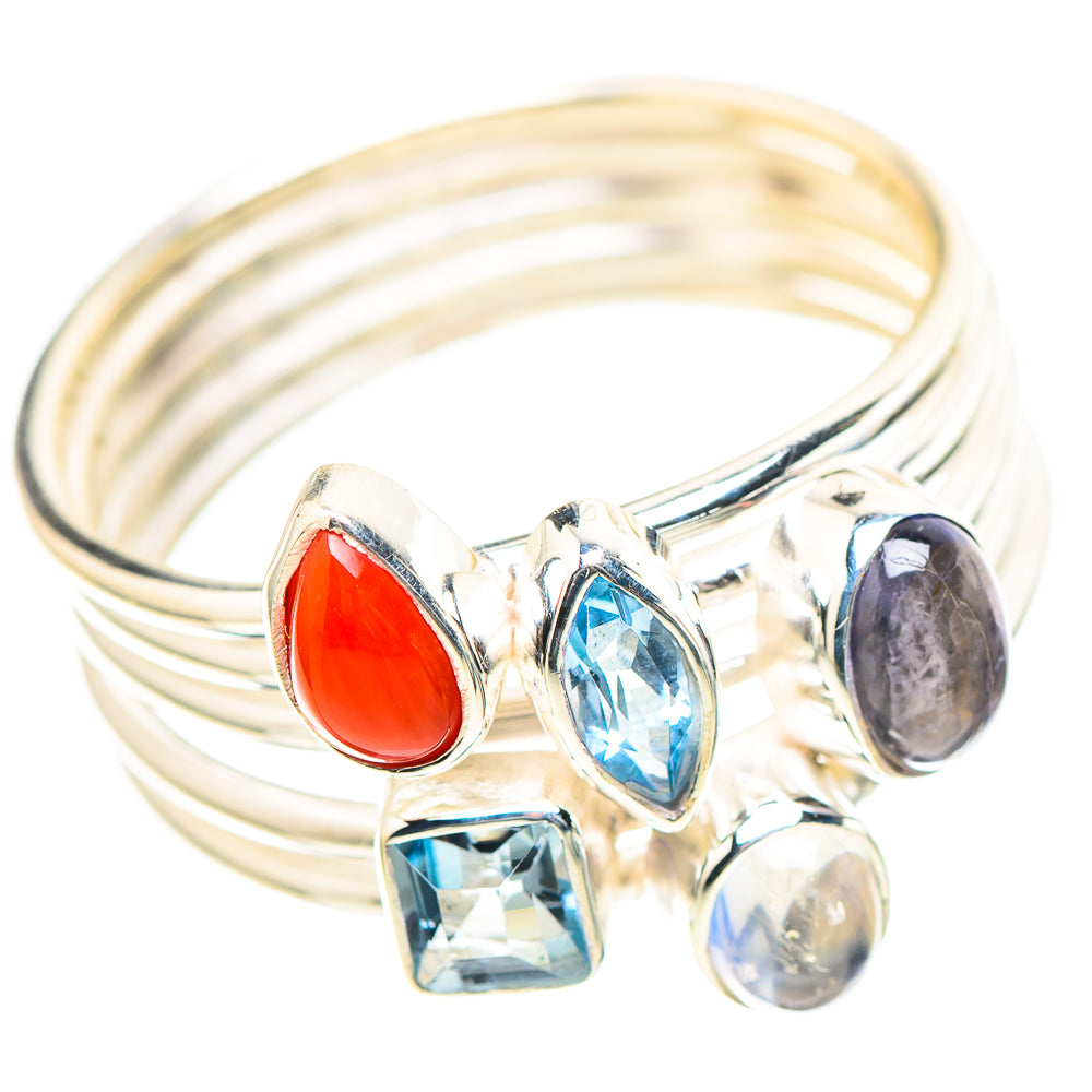 Red Coral, Tanzanite, Blue Topaz, Rainbow Moonstone Ring Size 9.5 (925 Sterling Silver) RING136633