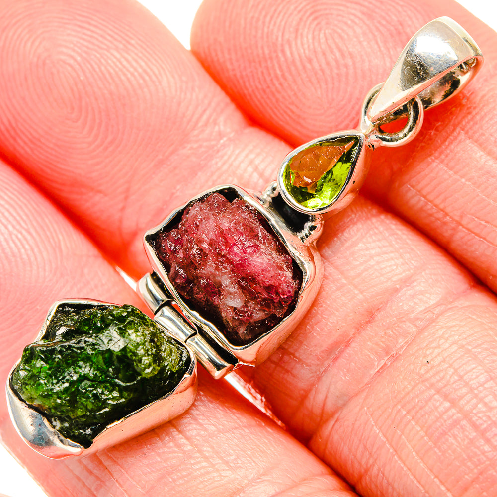 Rough Pink Tourmaline, Chrome Diopside, Peridot Pendant 1 7/8" (925 Sterling Silver) PD36317