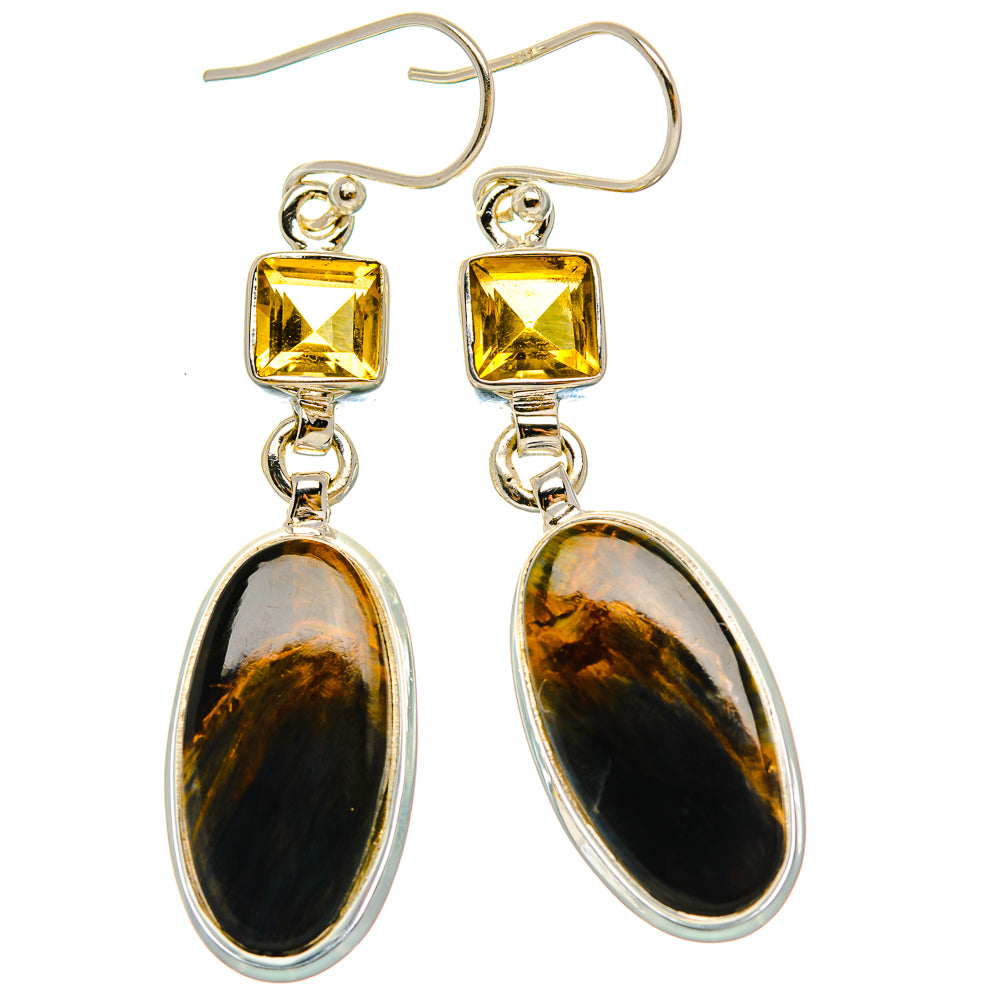 Anasilvercos Pietersite, Citrine Earrings 2" (925 Sterling Silver)