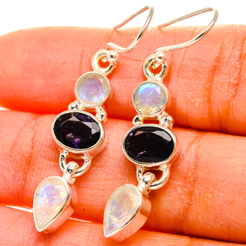 Anasilvercos Faceted Tanzanite, Rainbow Moonstone Earrings 1 3/4" (925 Sterling Silver)