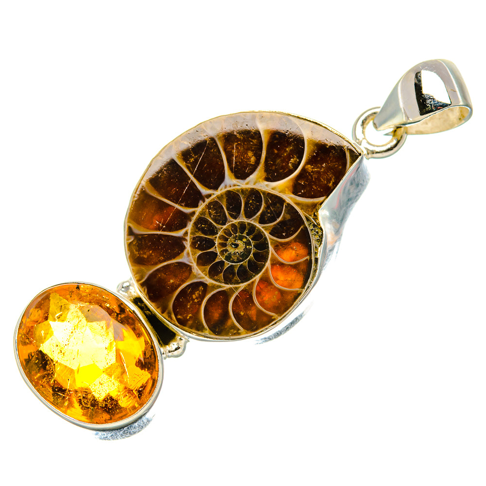 Ammonite Fossil, Citrine Pendant 1 3/4"  (925 Sterling Silver) PD37213