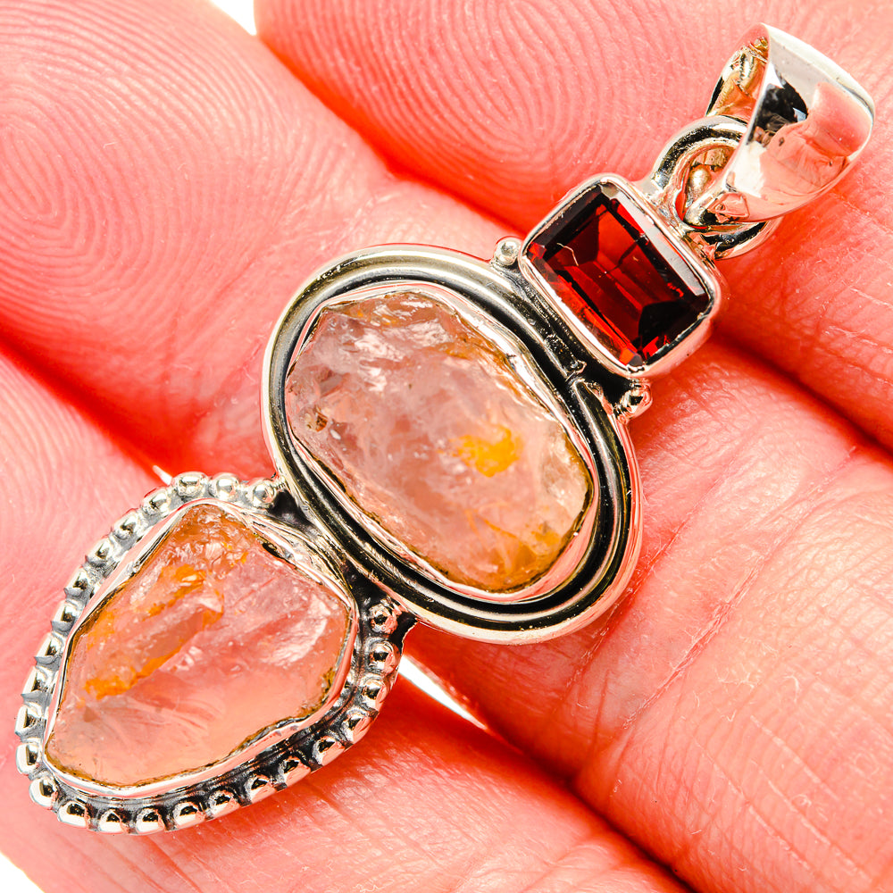 Rough Rose Quartz, Garnet Pendant 1 3/4" (925 Sterling Silver) PD36754
