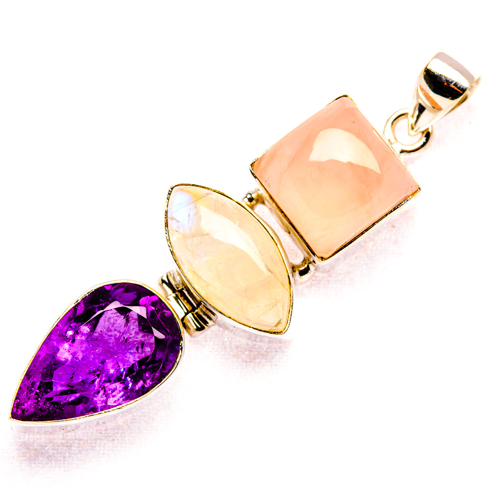 Faceted Amethyst, Rose Quartz, Rainbow Moonstone Pendant 2 1/4" (925 Sterling Silver) PD37480