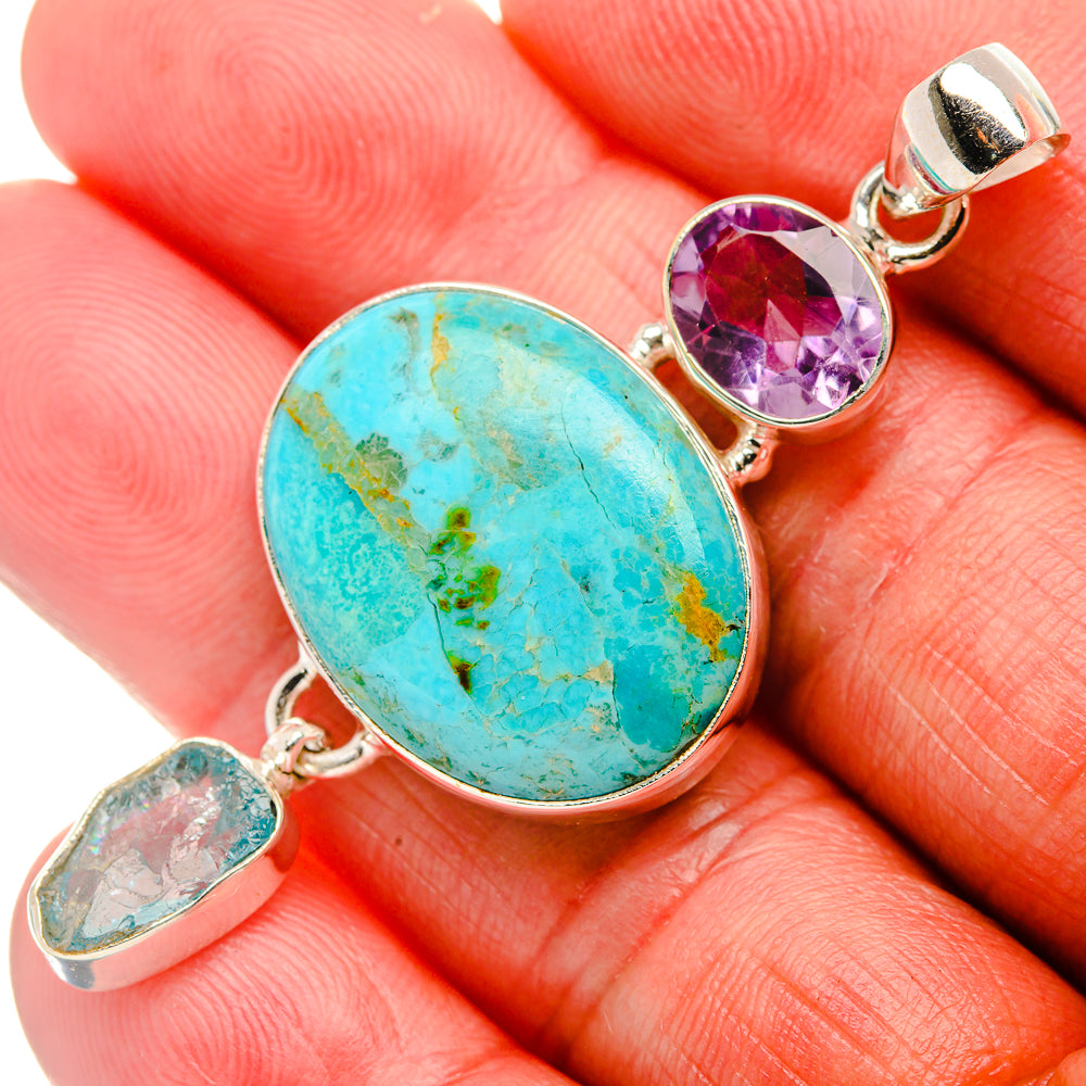 Chrysocolla, Aquamarine, Amethyst 925 Sterling Silver Pendant 2 1/4" (925 Sterling Silver) PD37727