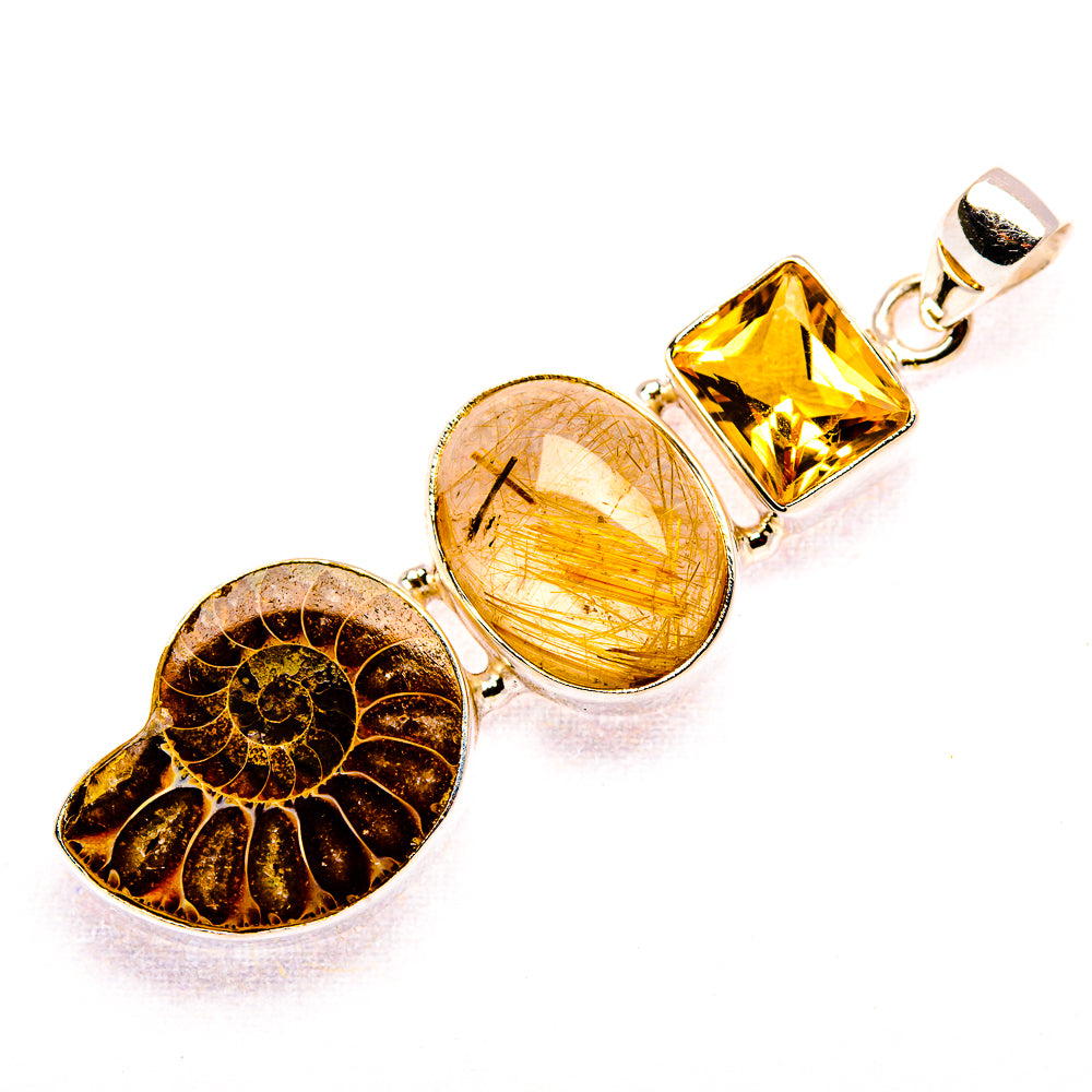 Ammonite Fossil, Rutilated Quartz, Citrine Pendant 2 1/4" (925 Sterling Silver) PD37478
