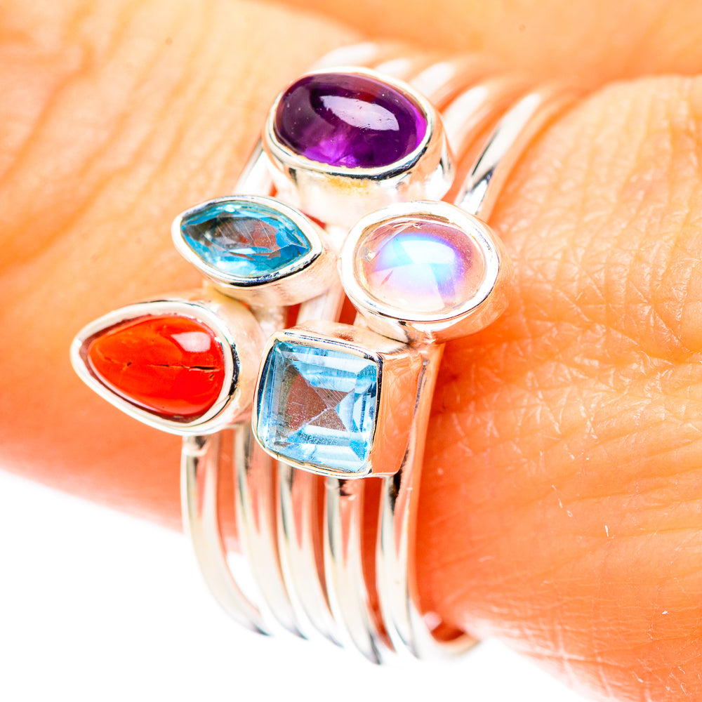 Red Coral, Amethyst, Blue Topaz, Rainbow Moonstone Ring Size 9.75 (925 Sterling Silver) RING136786