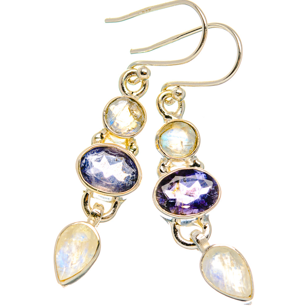 Faceted Tanzanite, Rainbow Moonstone Earrings 1 3/4" (925 Sterling Silver) EARR431774