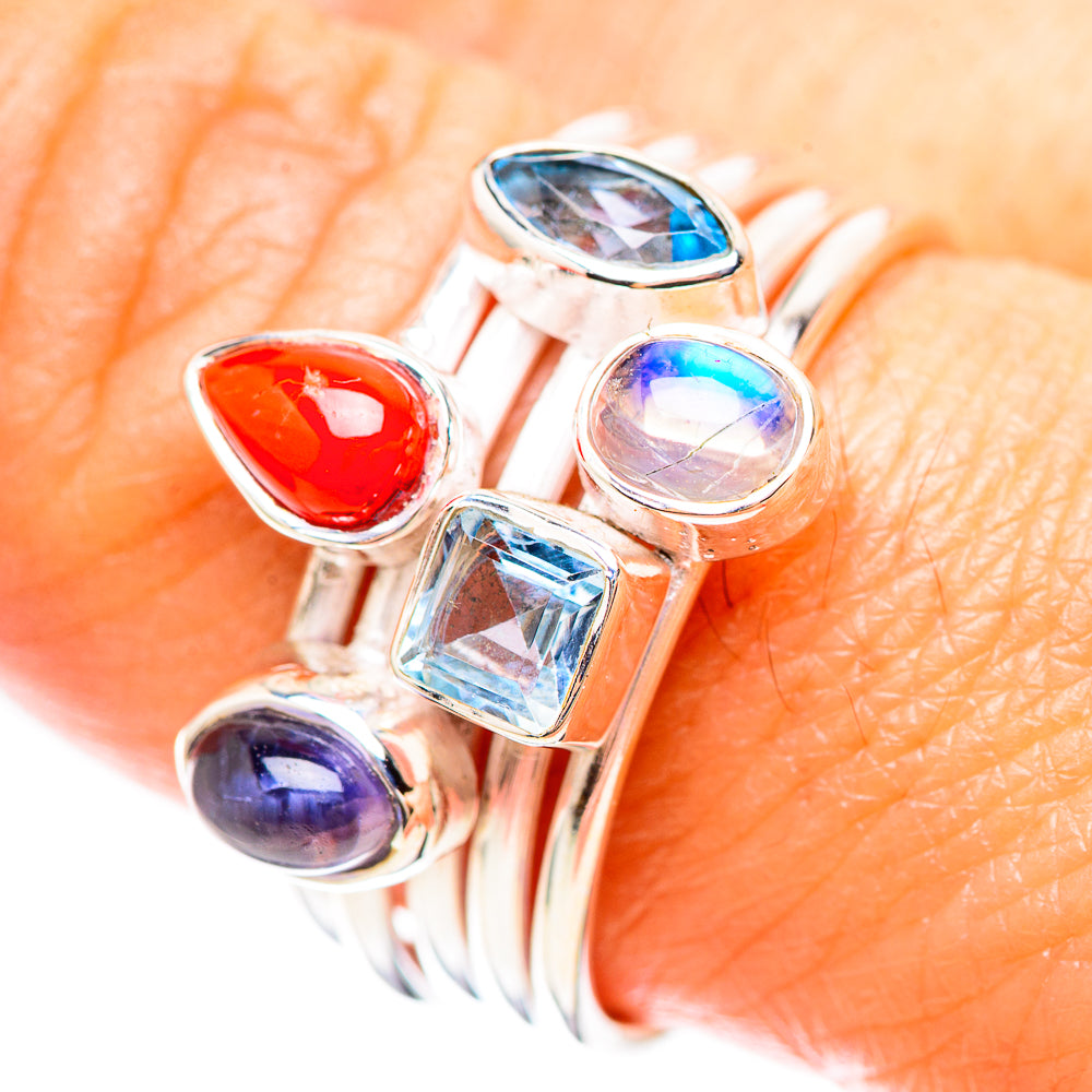 Red Coral, Tanzanite, Blue Topaz, Rainbow Moonstone Ring Size 9 (925 Sterling Silver) RING136243