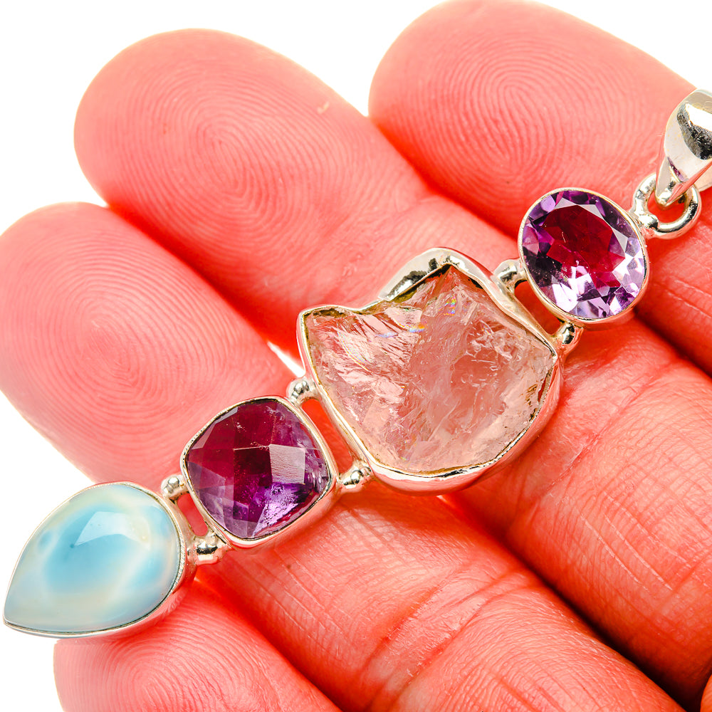 Rough Rose Quartz, Amethyst, Larimar 925 Sterling Silver Pendant 2 1/2" (925 Sterling Silver) PD37708