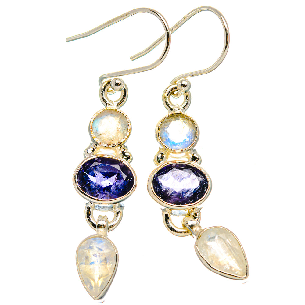 Faceted Tanzanite, Rainbow Moonstone Earrings 1 3/4" (925 Sterling Silver) EARR431726