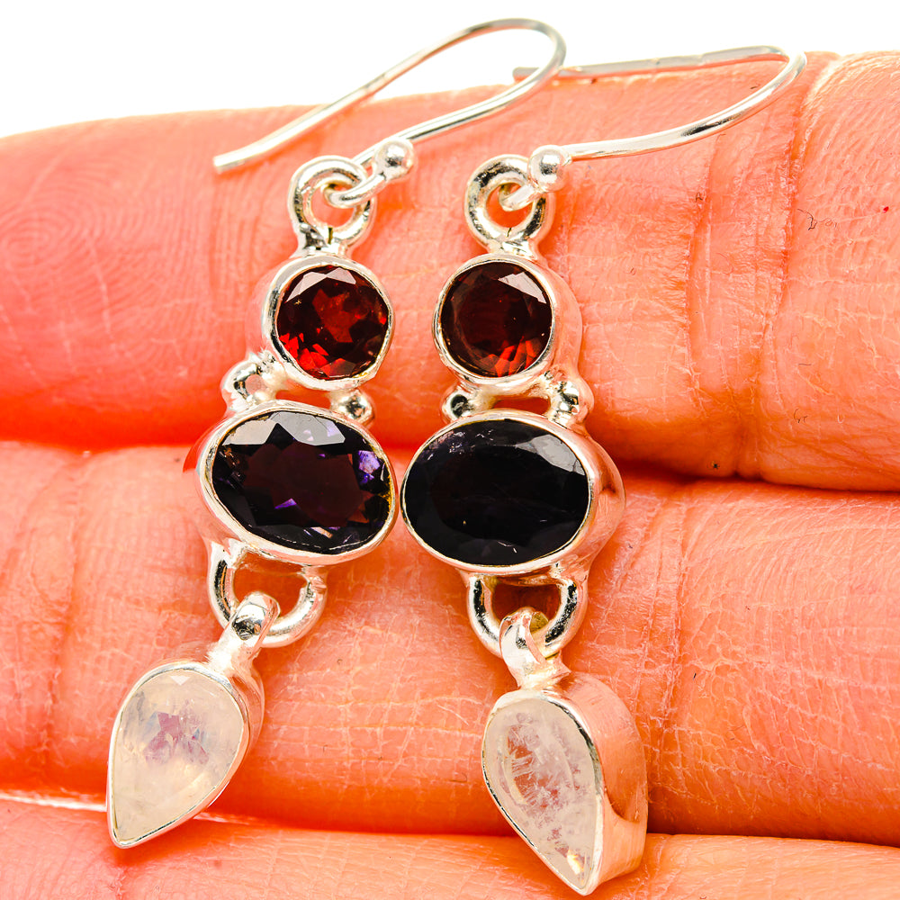 Faceted Tanzanite, Rainbow Moonstone, Garnet Earrings 1 3/4" (925 Sterling Silver) EARR431775