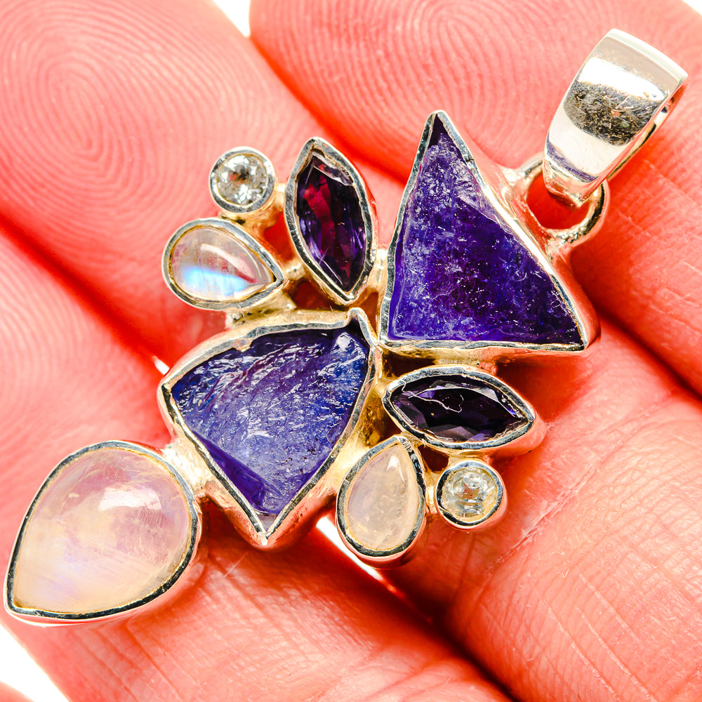 Rough Tanzanite, Rainbow Moonstone, Amethyst Pendant 1 3/4" (925 Sterling Silver) PD36783