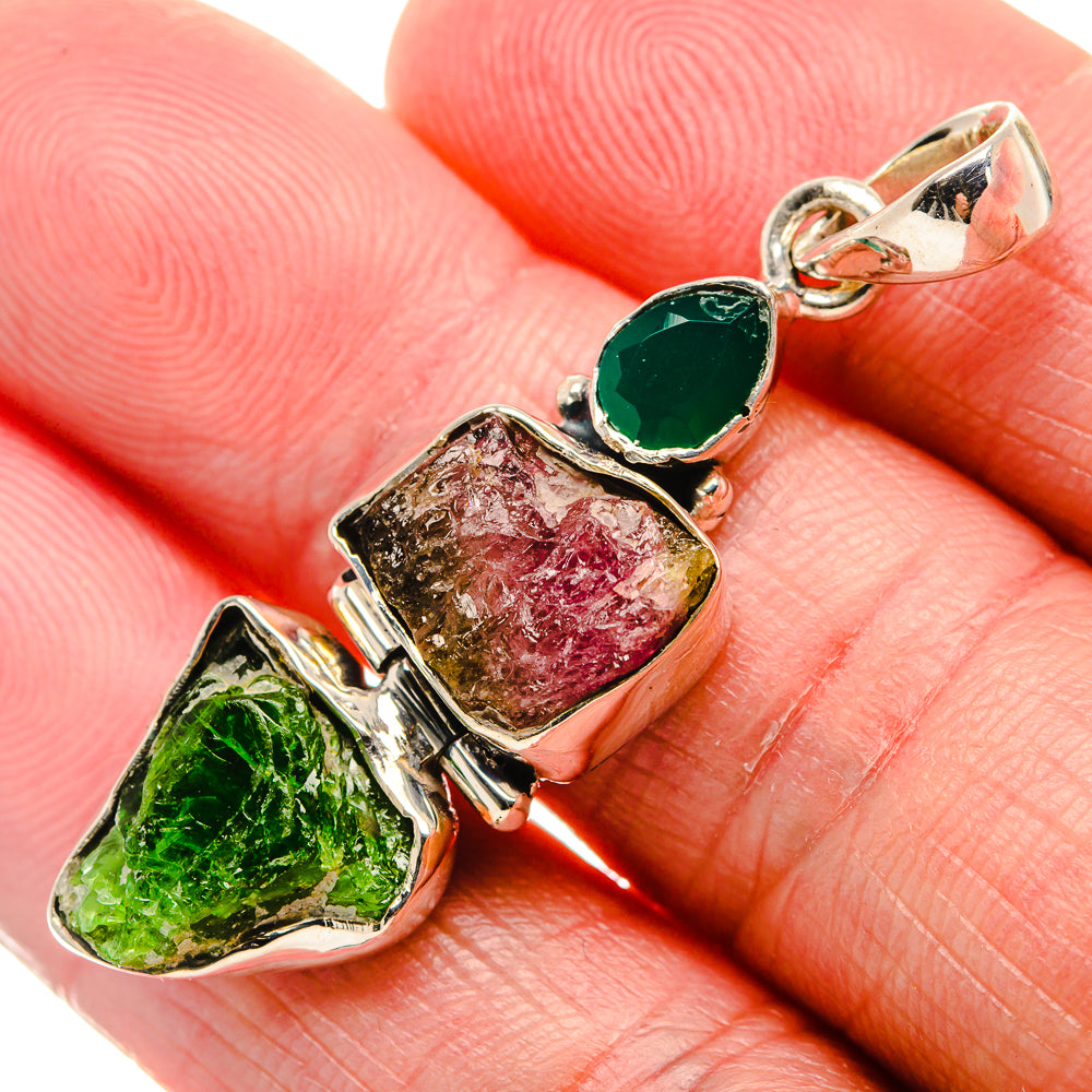 Rough Chrome Diopside, Watermelon Tourmaline, Green Onyx Pendant 1 7/8" (925 Sterling Silver) PD37345