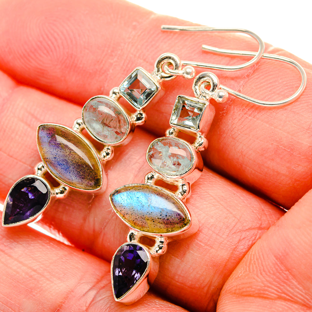 Labradorite, Tanzanite, Aquamarine, Blue Topaz Earrings 1 3/4" (925 Sterling Silver) EARR431850
