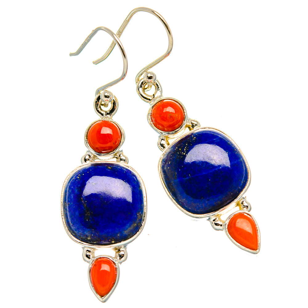 Lapis Lazuli, Red Coral 925 Sterling Silver Earrings 1 3/4" (925 Sterling Silver) EARR431949