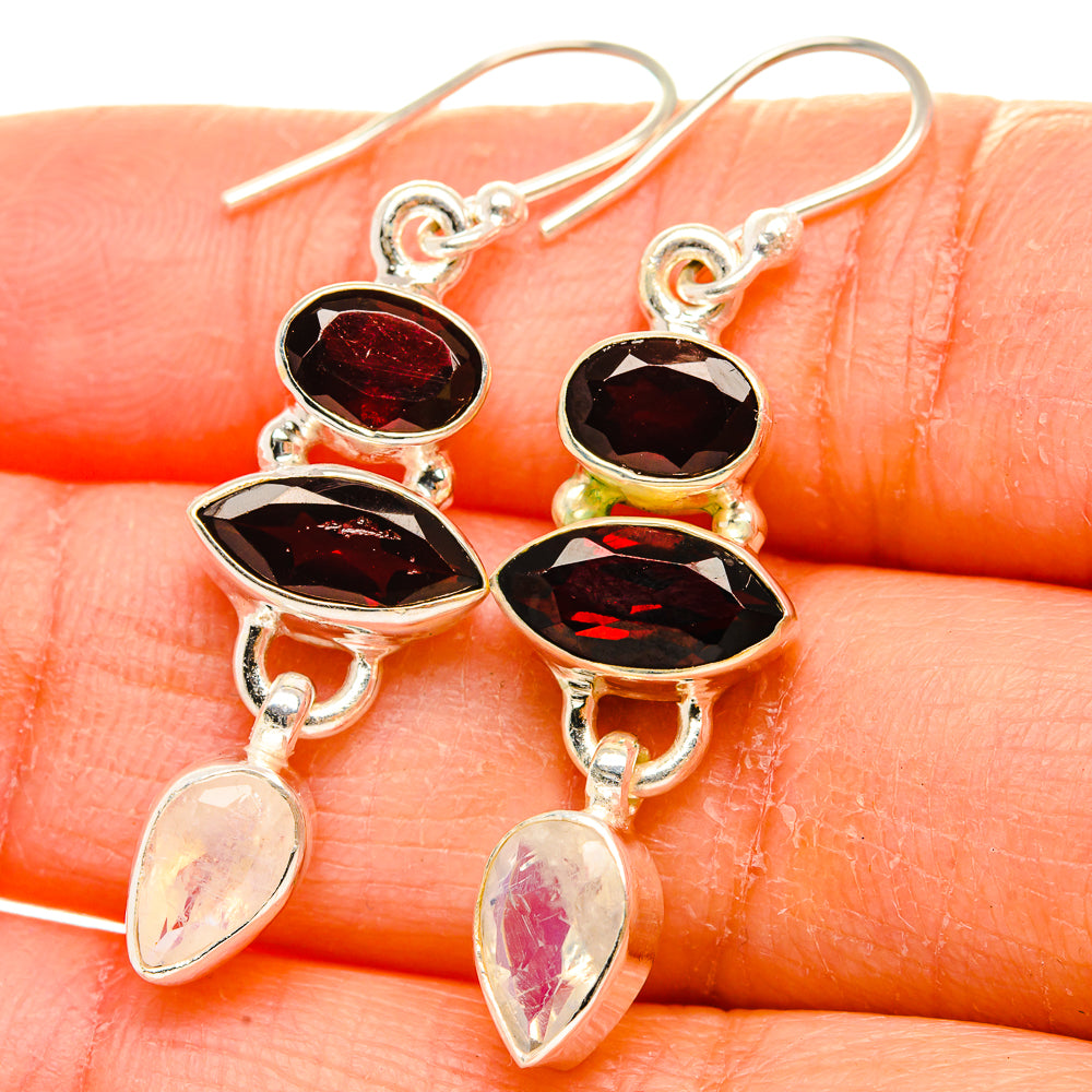 Anasilvercos Garnet, Rainbow Moonstone Earrings 1 3/4" (925 Sterling Silver)