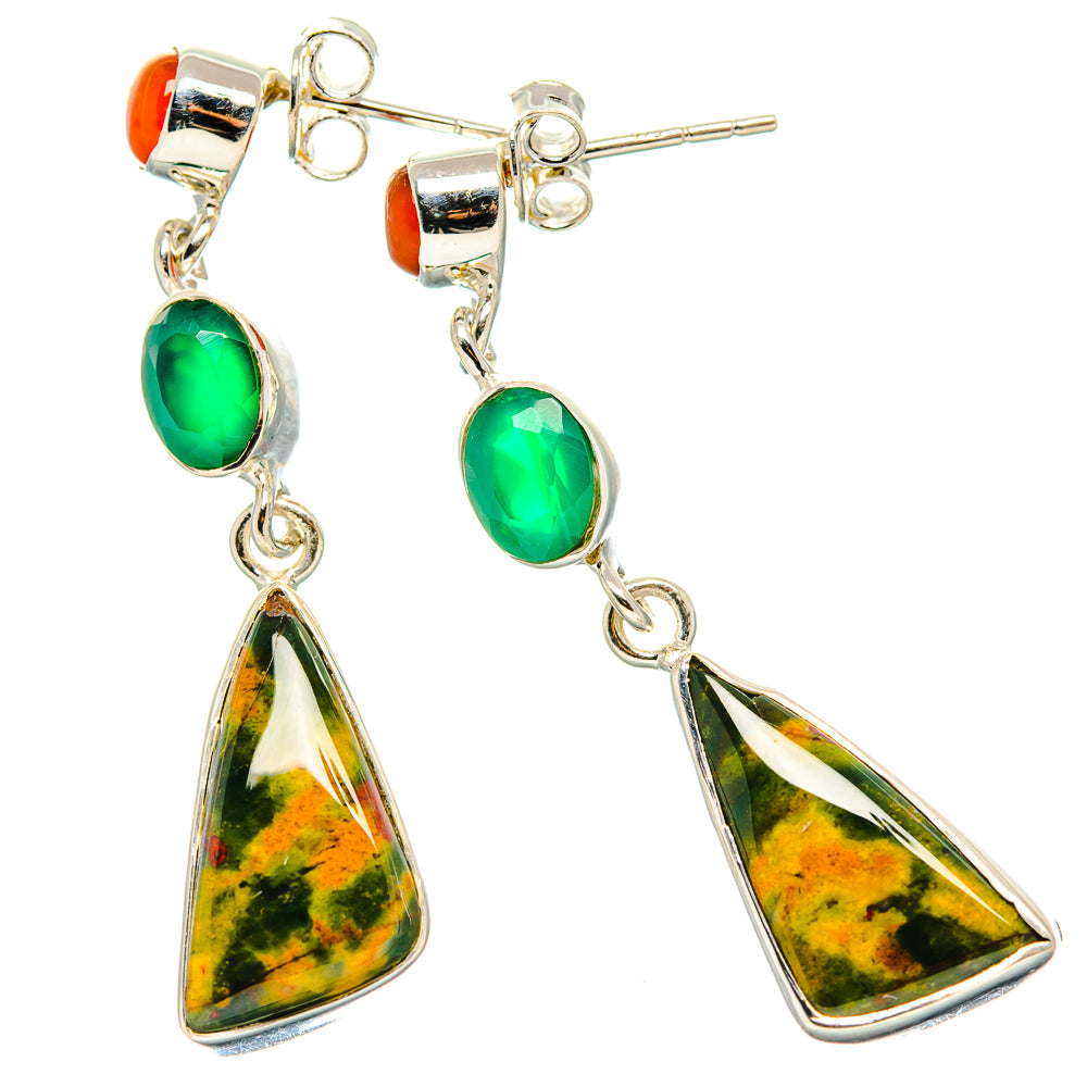 Bloodstone, Green Onyx, Carnelian Earrings 1 1/2" (925 Sterling Silver) EARR431515