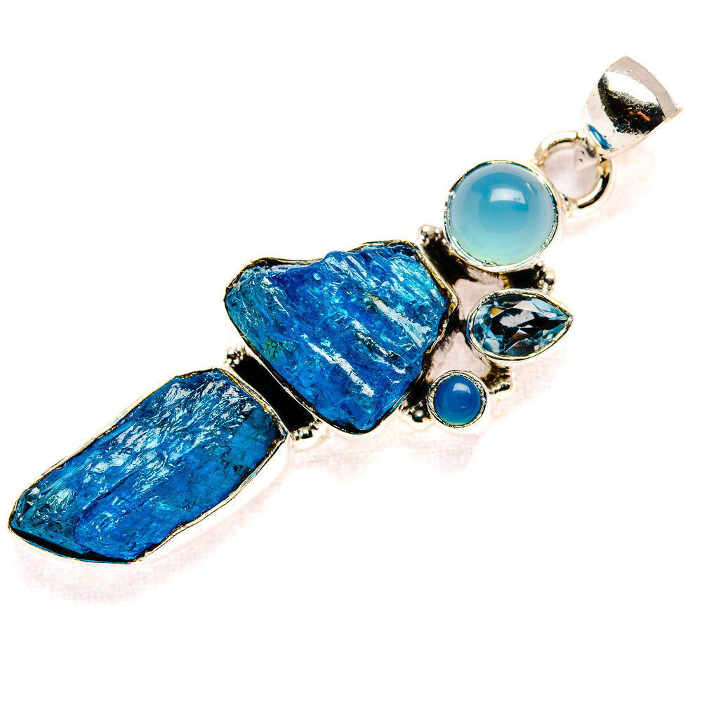 Rough Blue Fluorite, Aqua Chalcedony, Blue Topaz Pendant 2" (925 Sterling Silver) PD36776