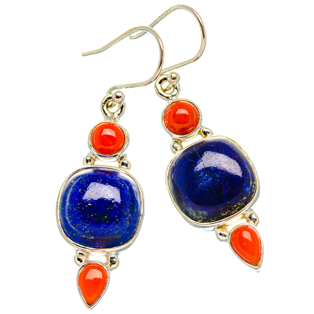 Lapis Lazuli, Red Coral 925 Sterling Silver Earrings 1 5/8" (925 Sterling Silver) EARR431917