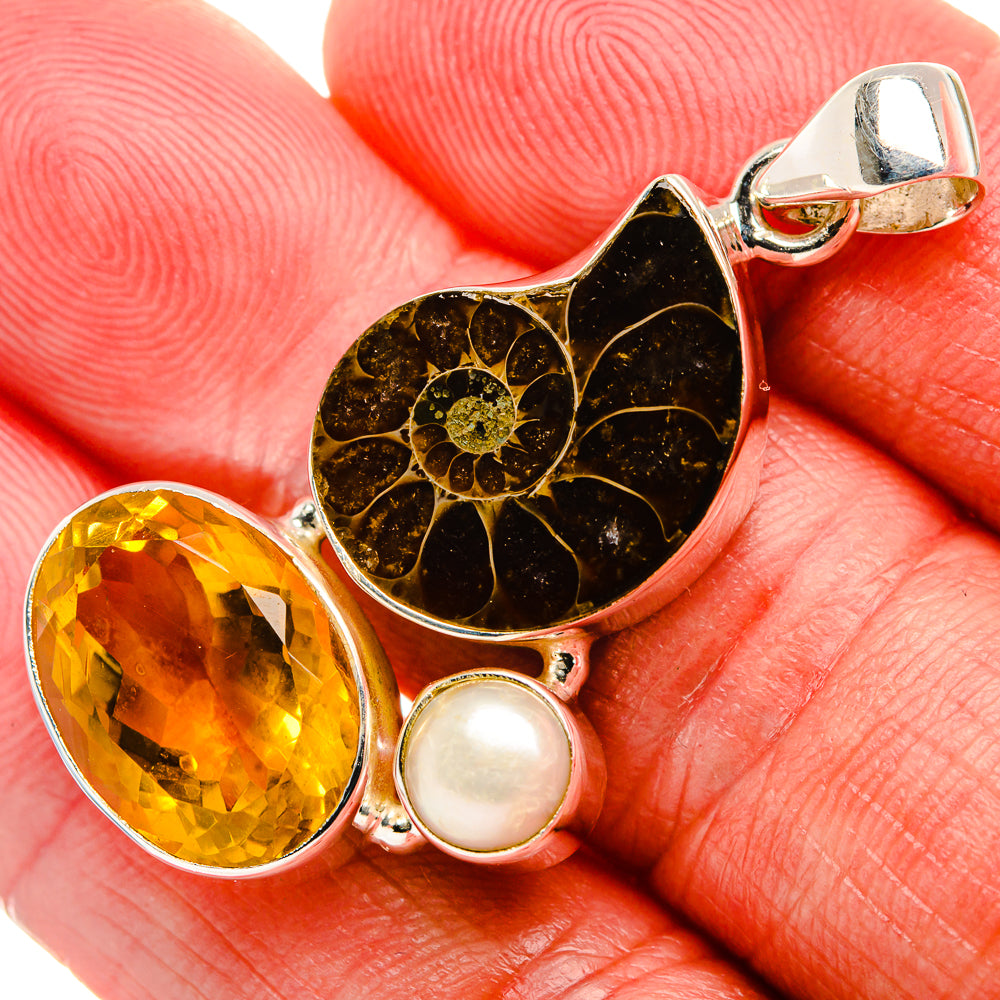 Ammonite Fossil, Citrine, Pearl 925 Sterling Silver Pendant 1 3/4" P37032