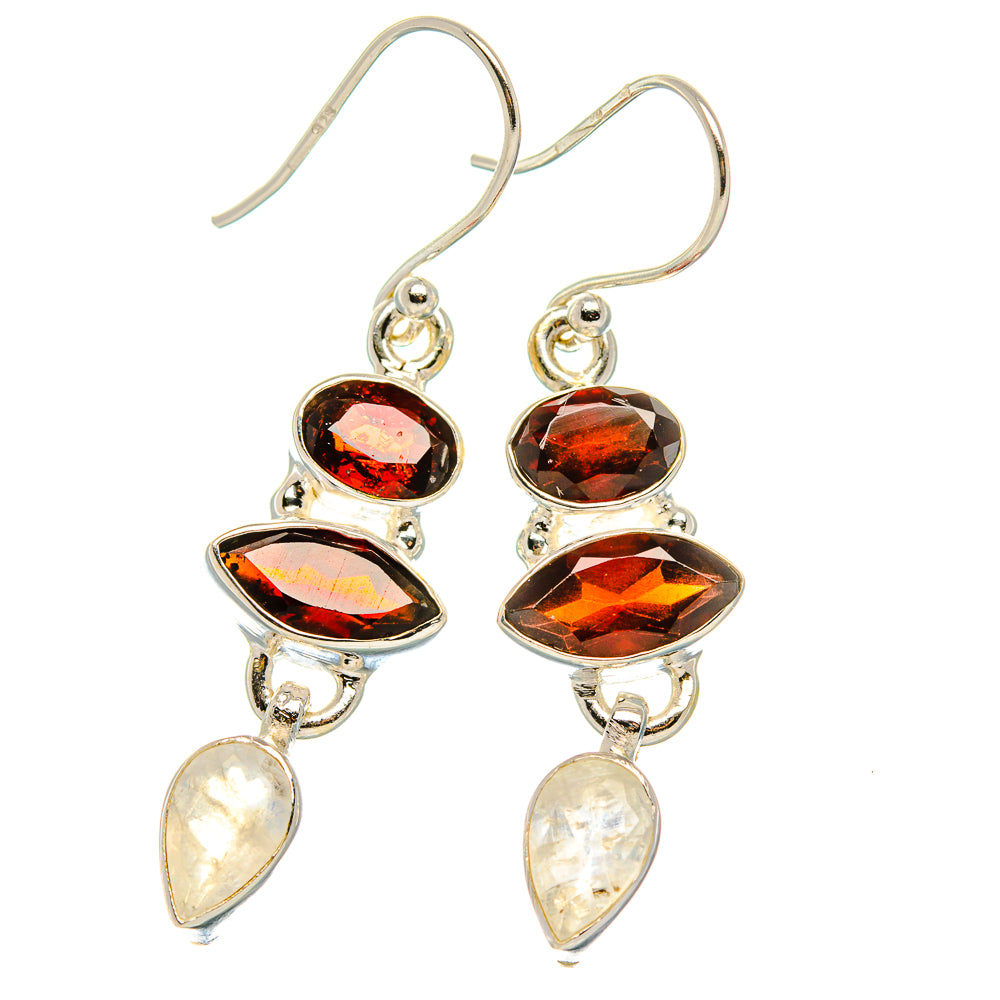 Garnet, Rainbow Moonstone Earrings 1 3/4"  (925 Sterling Silver) EARR431655