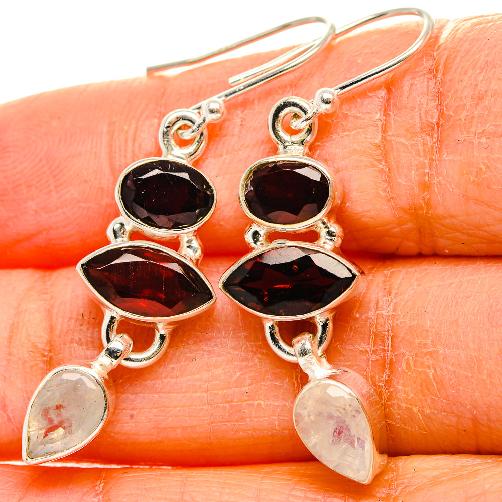 Garnet, Rainbow Moonstone 925 Sterling Silver Earrings 1 3/4" Ana Co E431734