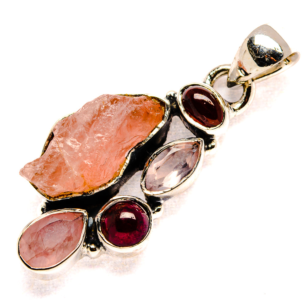 Rough Rose Quartz, Garnet Pendant 1 1/2" (925 Sterling Silver) PD36784