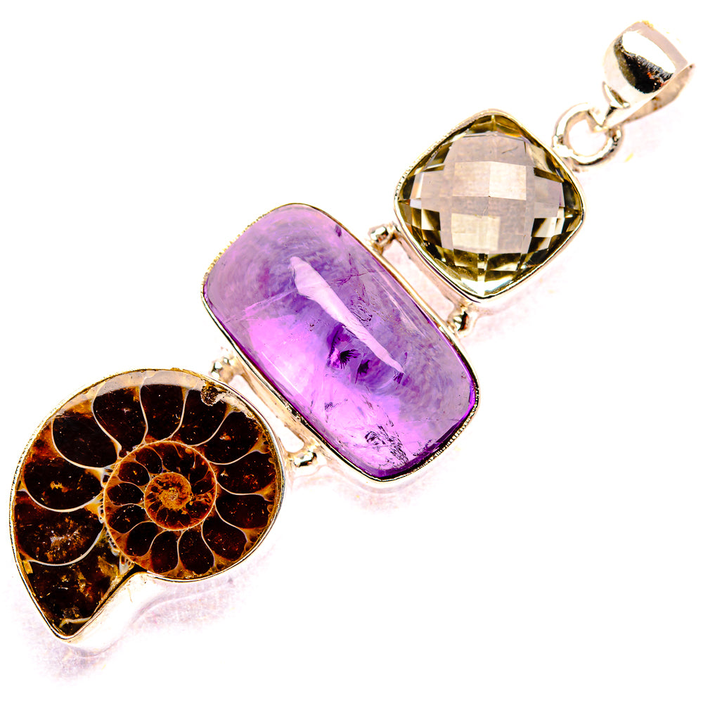 Ammonite Fossil, Amethyst, Green Amethyst Sterling Silver Pendant 2 1/4" P37388