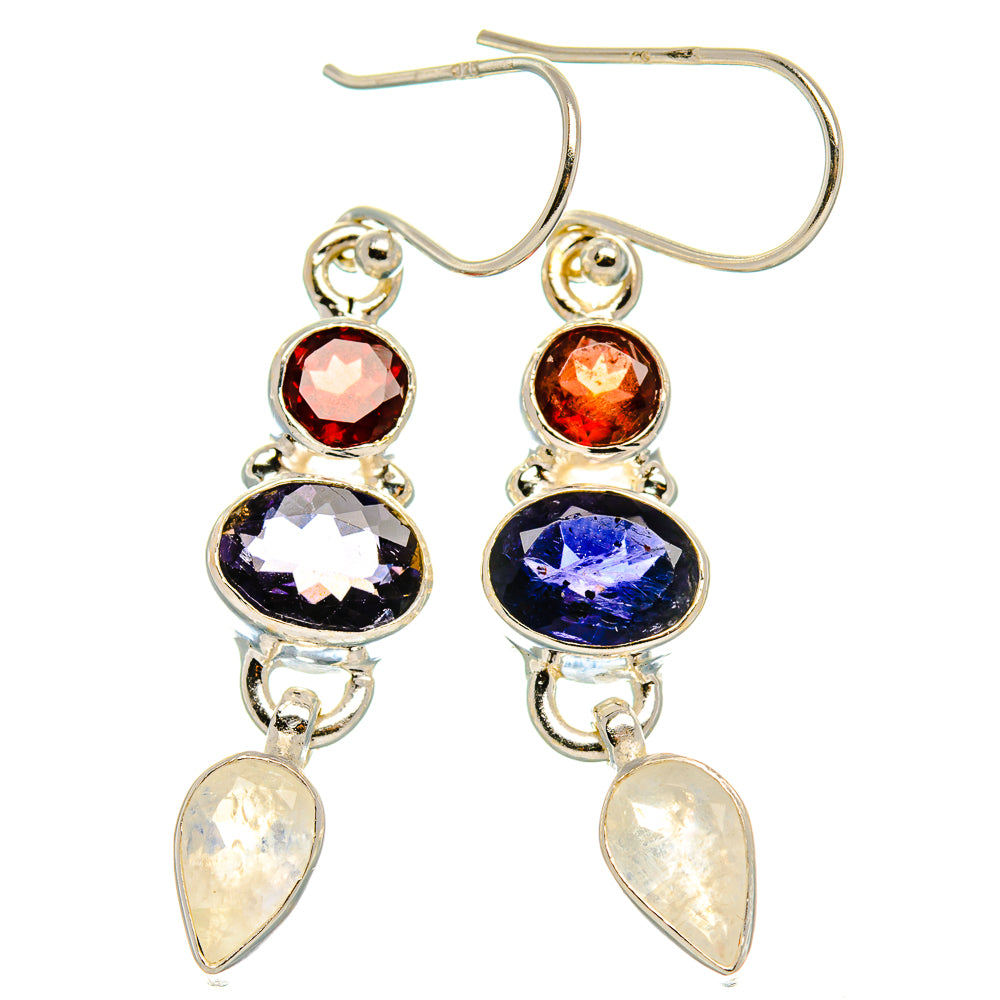Faceted Tanzanite, Rainbow Moonstone, Garnet Earrings 1 3/4" (925 Sterling Silver) EARR431775
