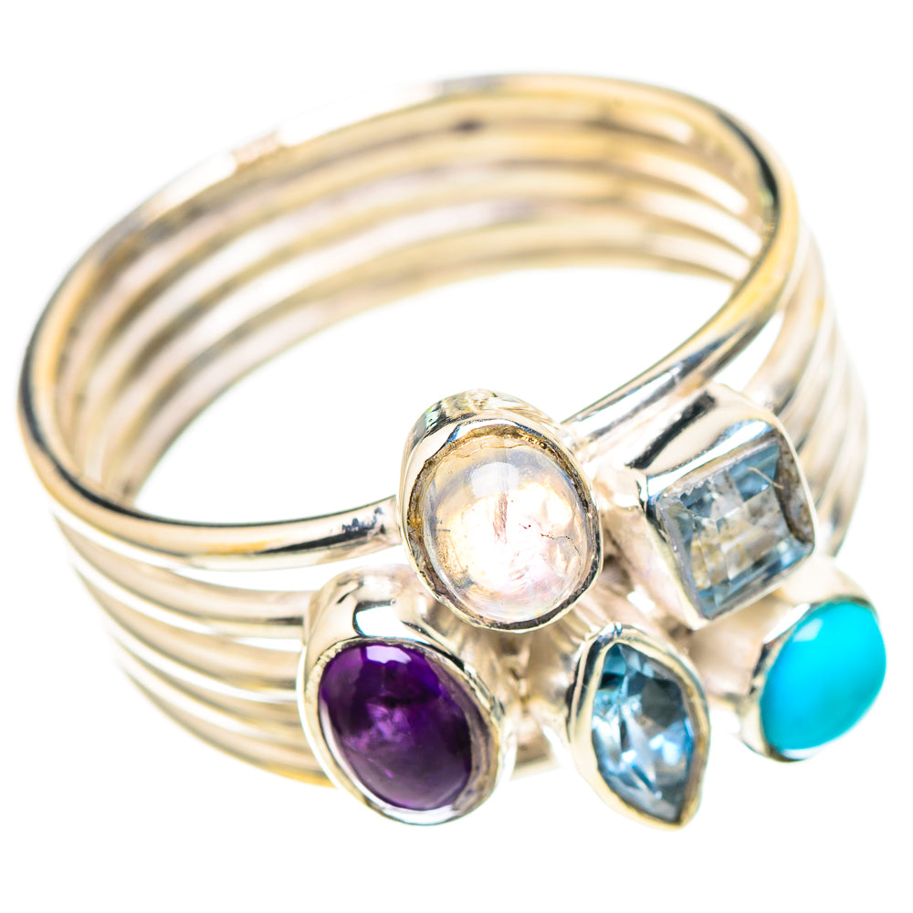 Rainbow Moonstone, Amethyst, Blue Topaz, Larimar Ring Size 9 (925 Sterling Silver) RING136769
