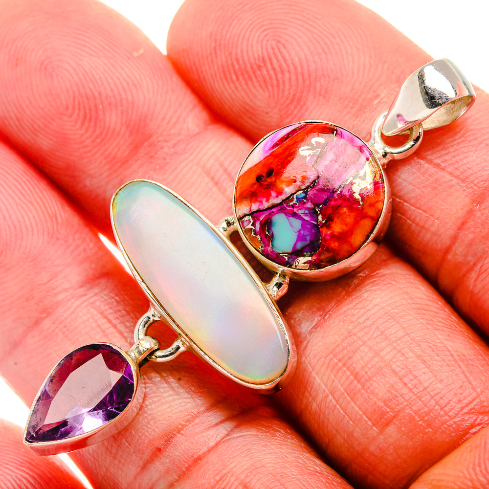 Aura Opal, Kingman Pink Dahlia Turquoise, Amethyst 925 Sterling Silver Pendant 2 1/8" (925 Sterling Silver) PD37710