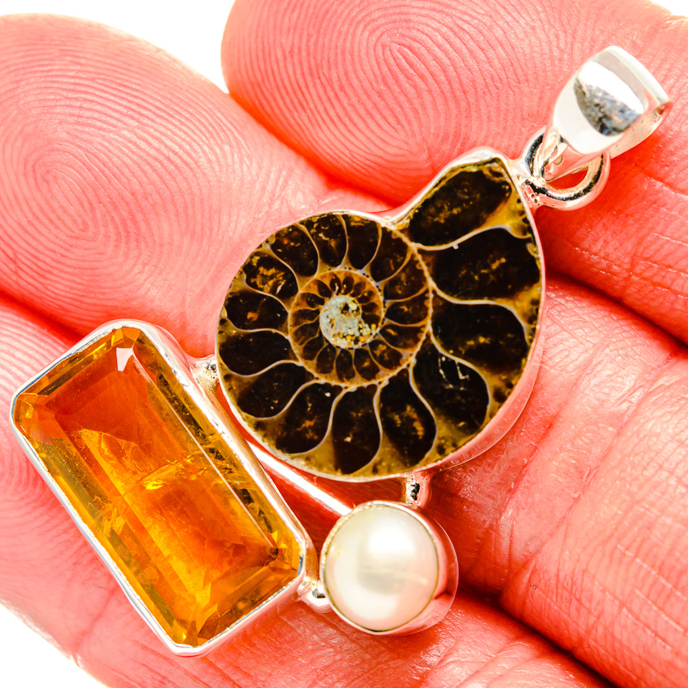 Ammonite Fossil, Citrine, Cultured Pearl Pendant 1 3/4" (925 Sterling Silver) PD36845