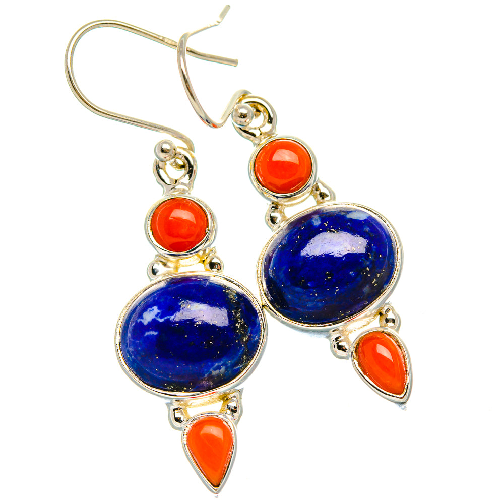 Lapis Lazuli, Red Coral Earrings 1 5/8" (925 Sterling Silver) EARR431895
