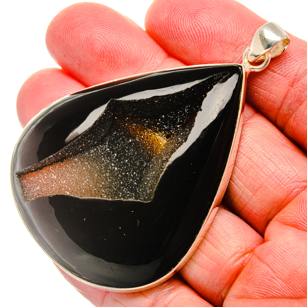 Huge Black Geode Pendant 2 3/4" (925 Sterling Silver) PD37319