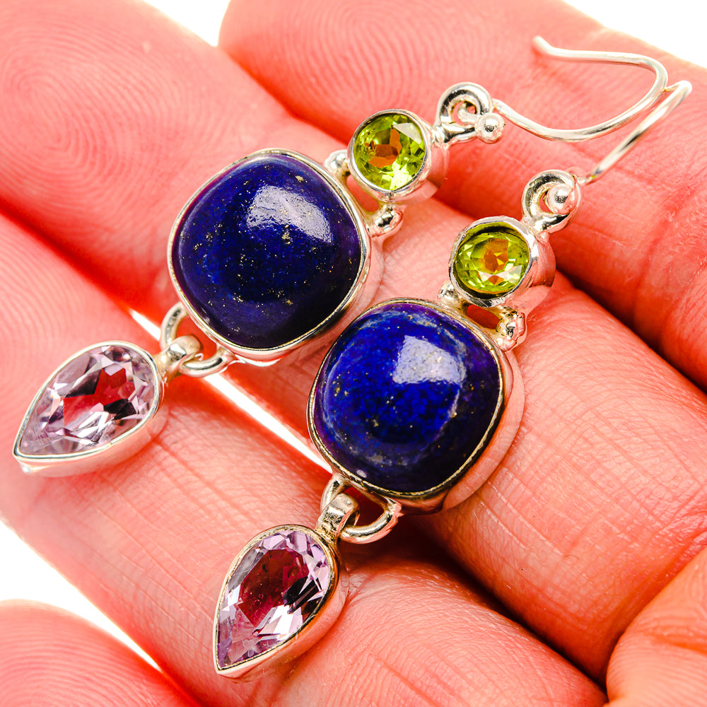 Lapis Lazuli, Pink Amethyst, Peridot 925 Sterling Silver Earrings 2" (925 Sterling Silver) EARR431924