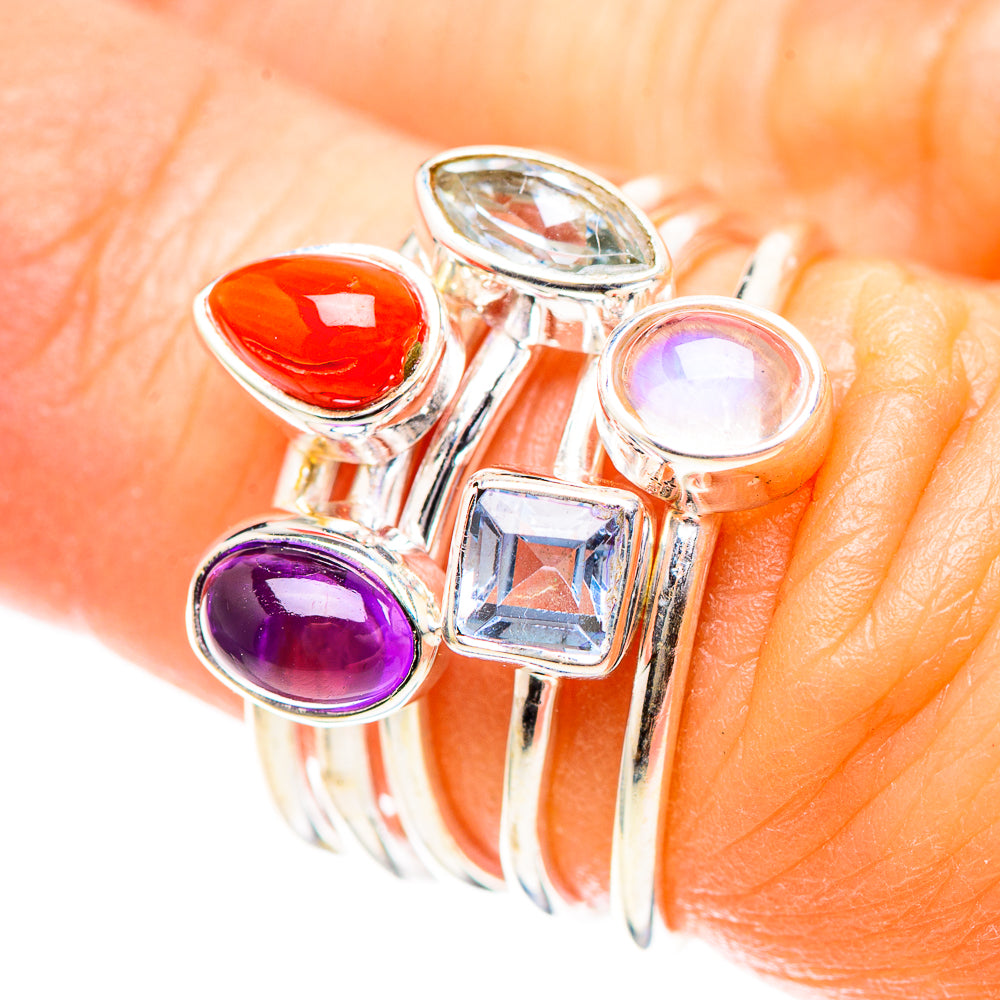 Red Coral, Amethyst, Blue Topaz, Rainbow Moonstone Ring Size 5.5 (925 Sterling Silver) RING136693