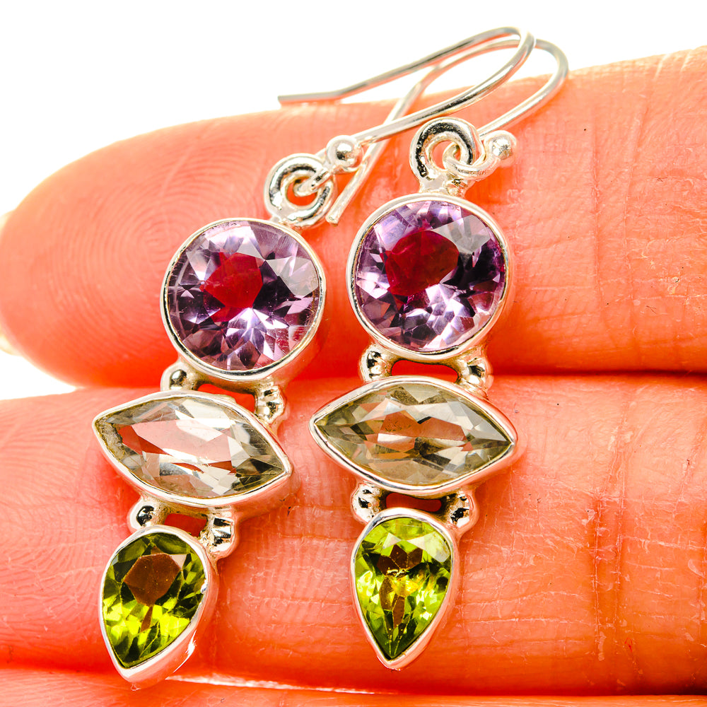 Anasilvercos Faceted Green Amethyst, Amethyst, Peridot Earrings 1 1/2" (925 Sterling Silver)
