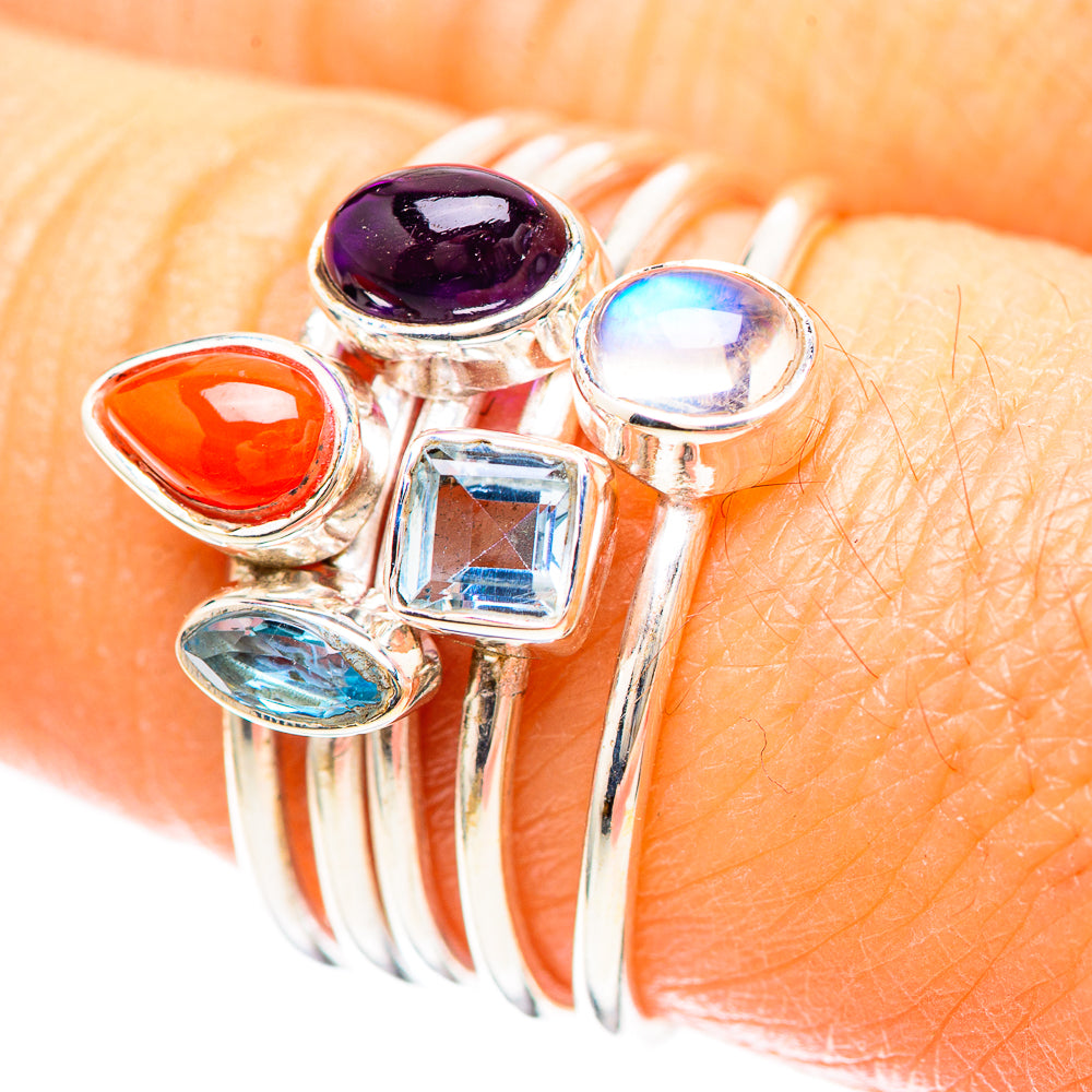 Carnelian, Amethyst, Blue Topaz, Rainbow Moonstone Ring Size 7.5 (925 Sterling Silver) RING136988