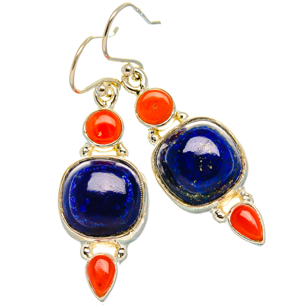 Lapis Lazuli, Red Coral Earrings 1 3/4" (925 Sterling Silver) EARR431886