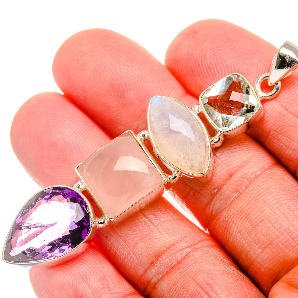 Faceted Amethyst, Rose Quartz, Rainbow Moonstone, Green Amethyst Pendant 2 5/8" (925 Sterling Silver) PD37593