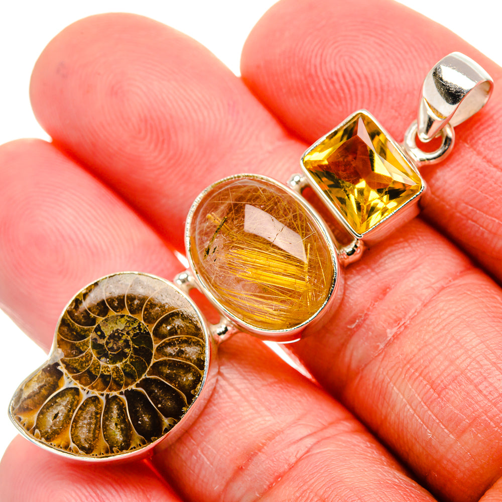 Ammonite Fossil, Rutilated Quartz, Citrine Pendant 2 1/4" (925 Sterling Silver) PD37478