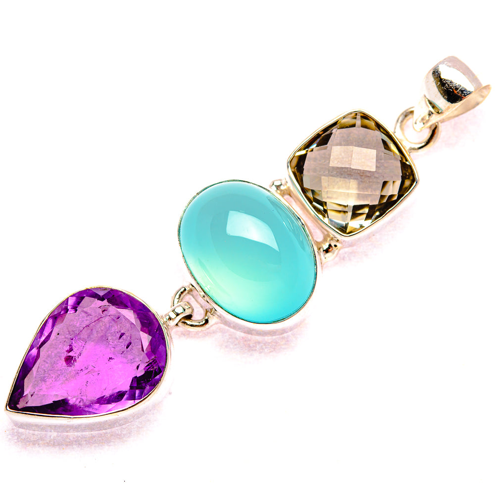 Natural Aquamarine, Amethyst, Green Amethyst Pendant 2 3/8" (925 Sterling Silver) PD37394